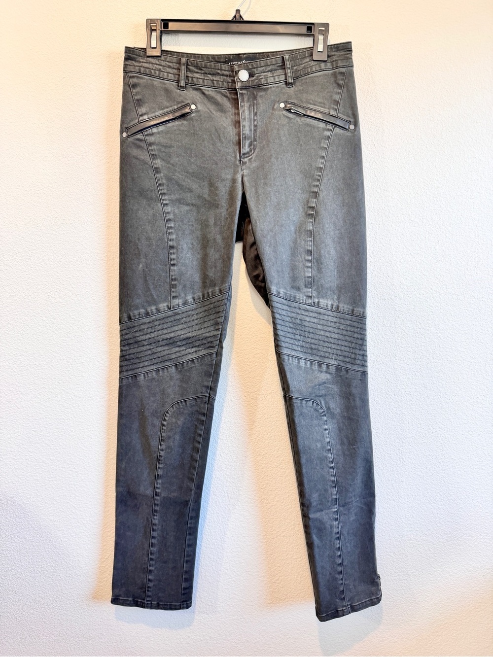 Peruvian Connection Moto Grunge Rocker Biker Skinny Jeans Gray Acid Wash 6 F44
